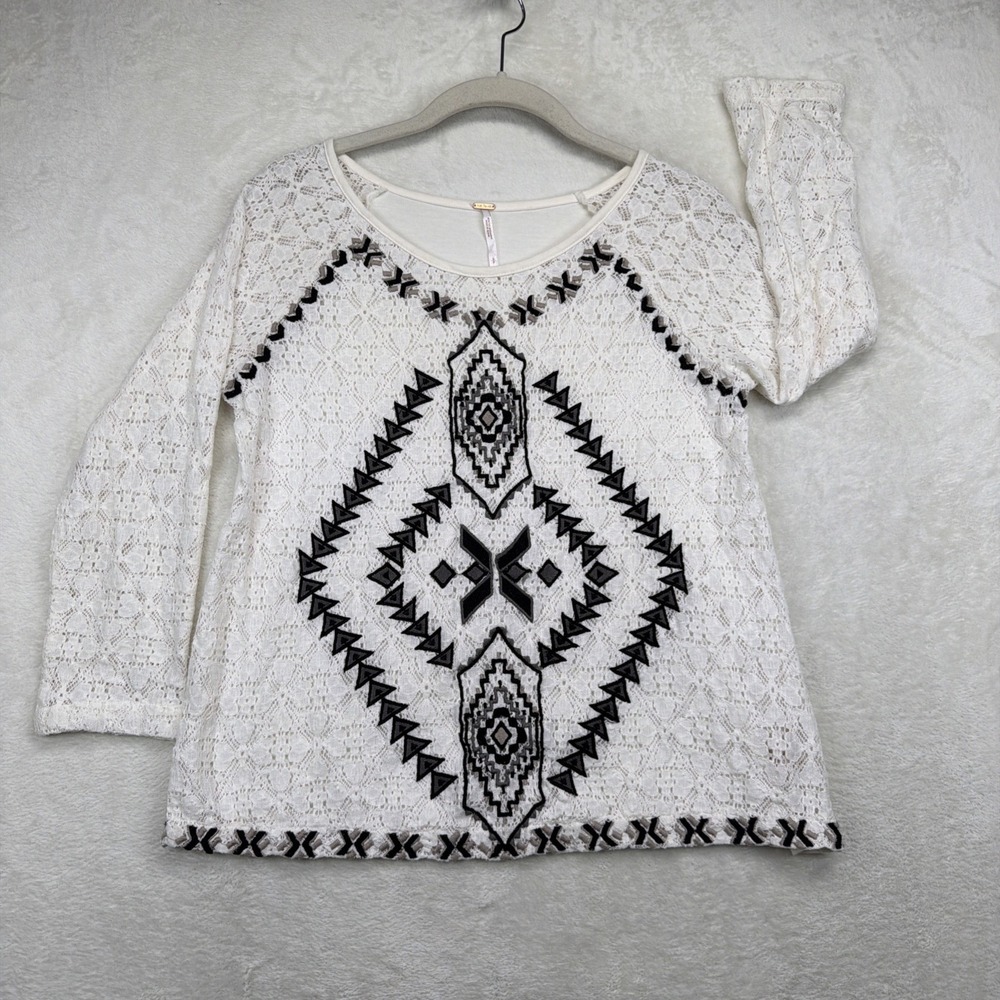 Free People Boho Embroidered Southwestern Knit Top‎ Ivory Black Women's Small